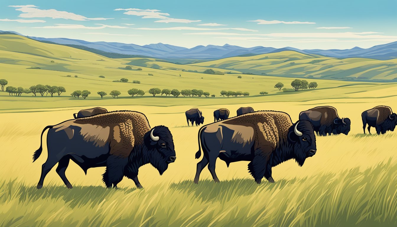 A herd of American bison grazing in a vast grassland, surrounded by rolling hills and a clear blue sky. Rangers monitor their progress from a distance