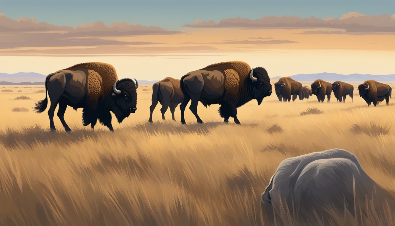 A herd of bison grazing on the open prairie, with one dominant male standing guard while the others peacefully roam and graze