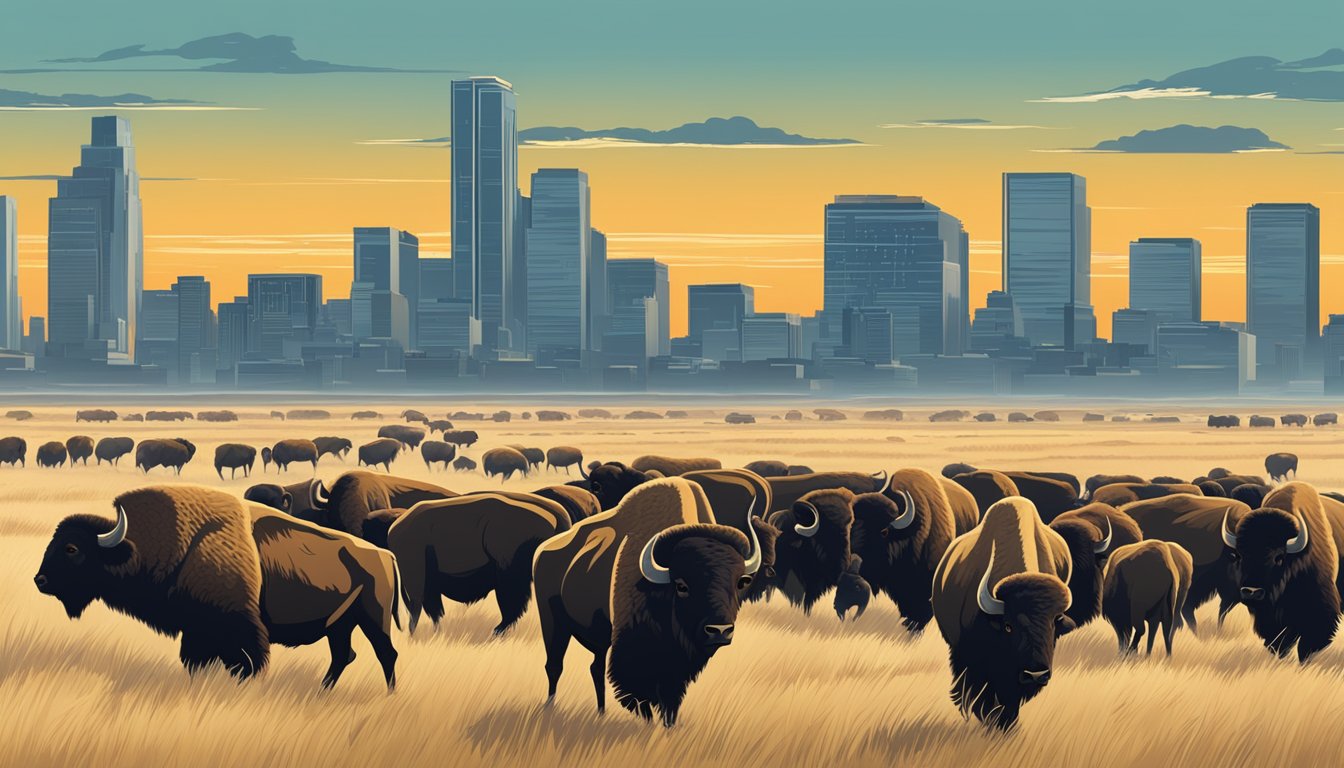 A herd of bison roam freely across the open plains, with the modern city skyline in the background, symbolizing the coexistence of the legendary American bison with contemporary urban culture