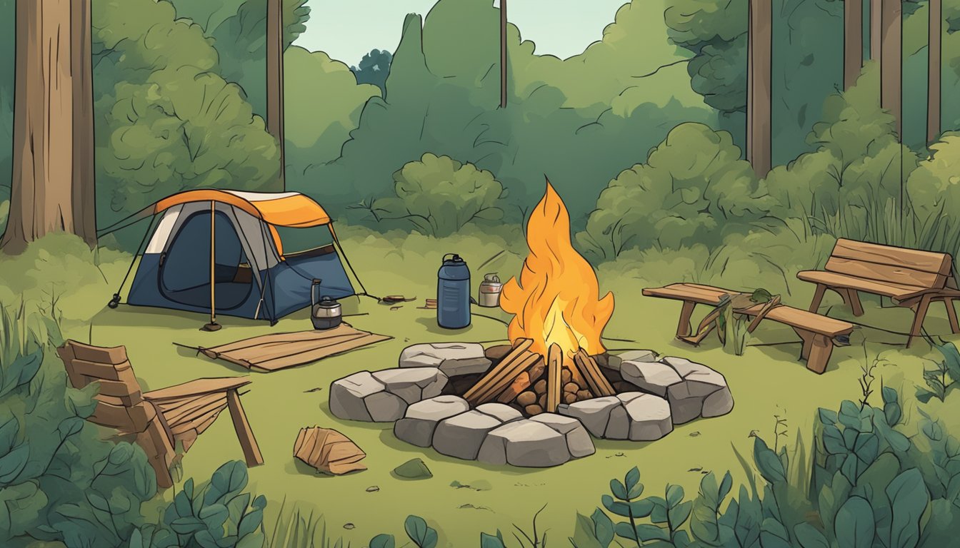 A campsite in Texas with a backpack, water bottle, and foraging tools laid out next to a fire pit. Surrounding vegetation includes edible plants and trees