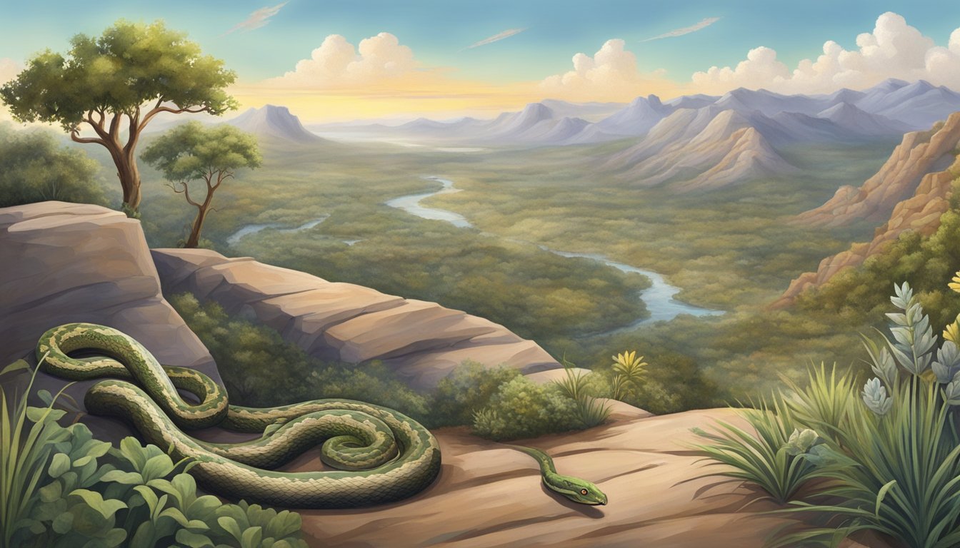 A snake slithers through a rocky Texan landscape, surrounded by native plants and wildlife