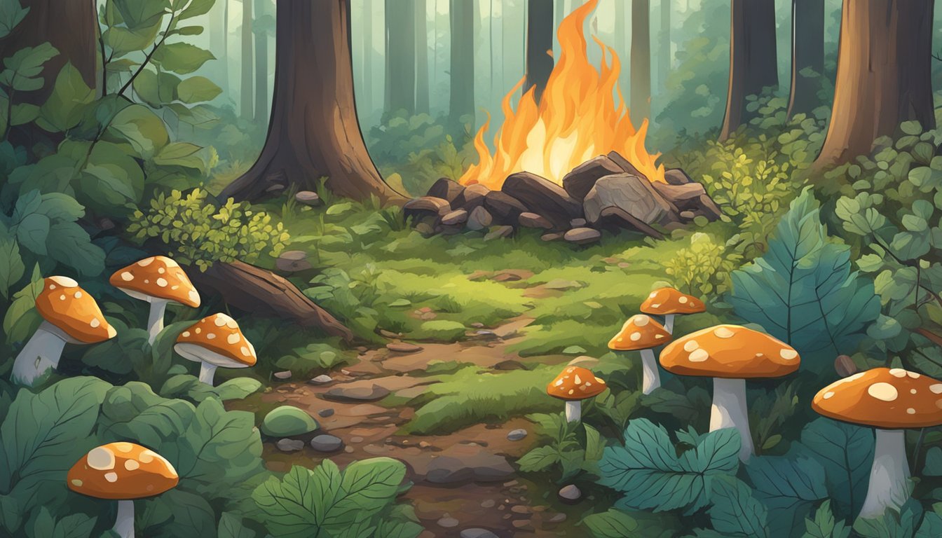 A lush forest floor with wild berries, mushrooms, and herbs. A campfire burns in the background as a person gathers edible plants