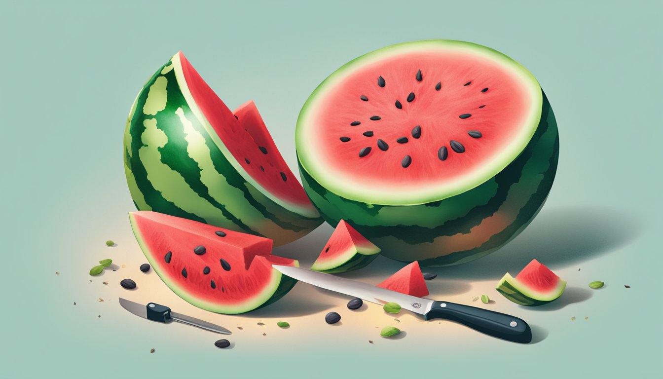 A watermelon being cut open with a knife, revealing the vibrant red flesh inside, with seeds scattered around