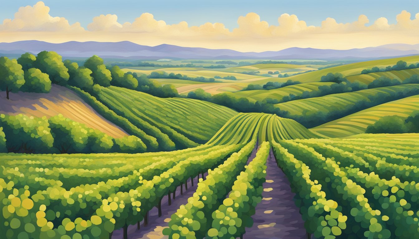 Rolling vineyards stretch across the Texas landscape, framed by distant hills and a clear blue sky. A winding path leads through the lush rows of grapevines, inviting exploration