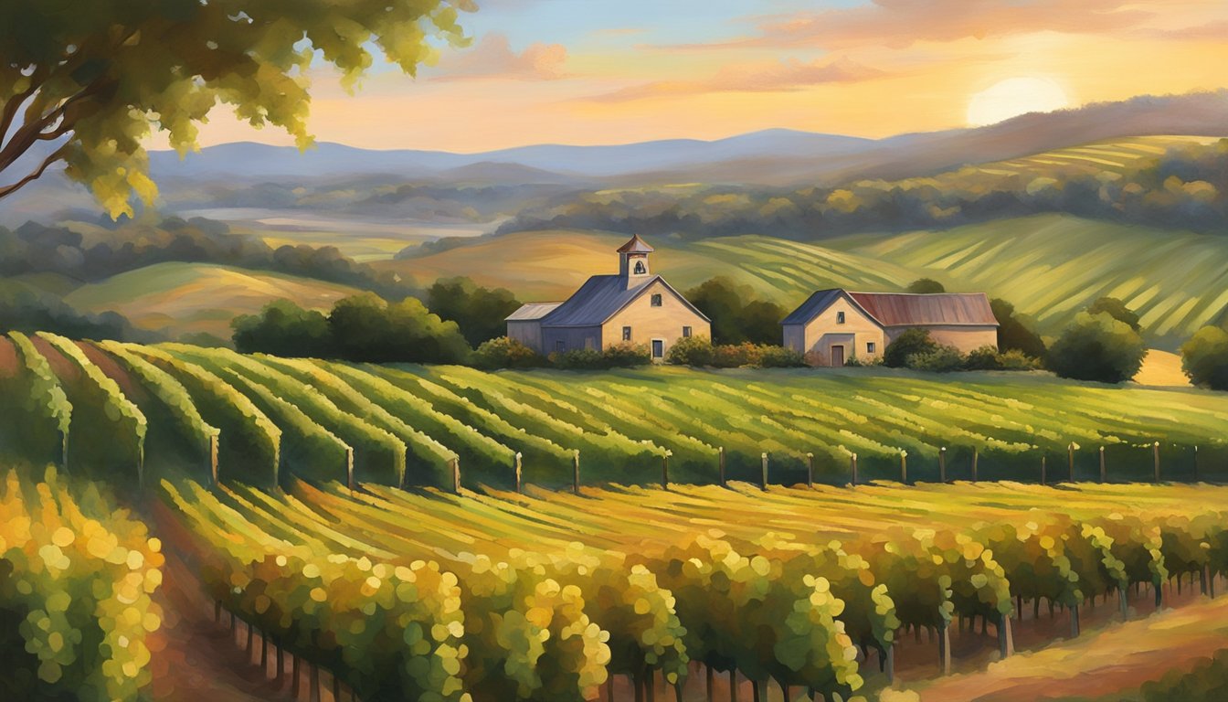 Rolling hills of lush vineyards stretch into the distance, framed by the warm glow of the setting sun. A rustic winery sits nestled among the vines, offering a serene and enchanting view of the Texas wine country