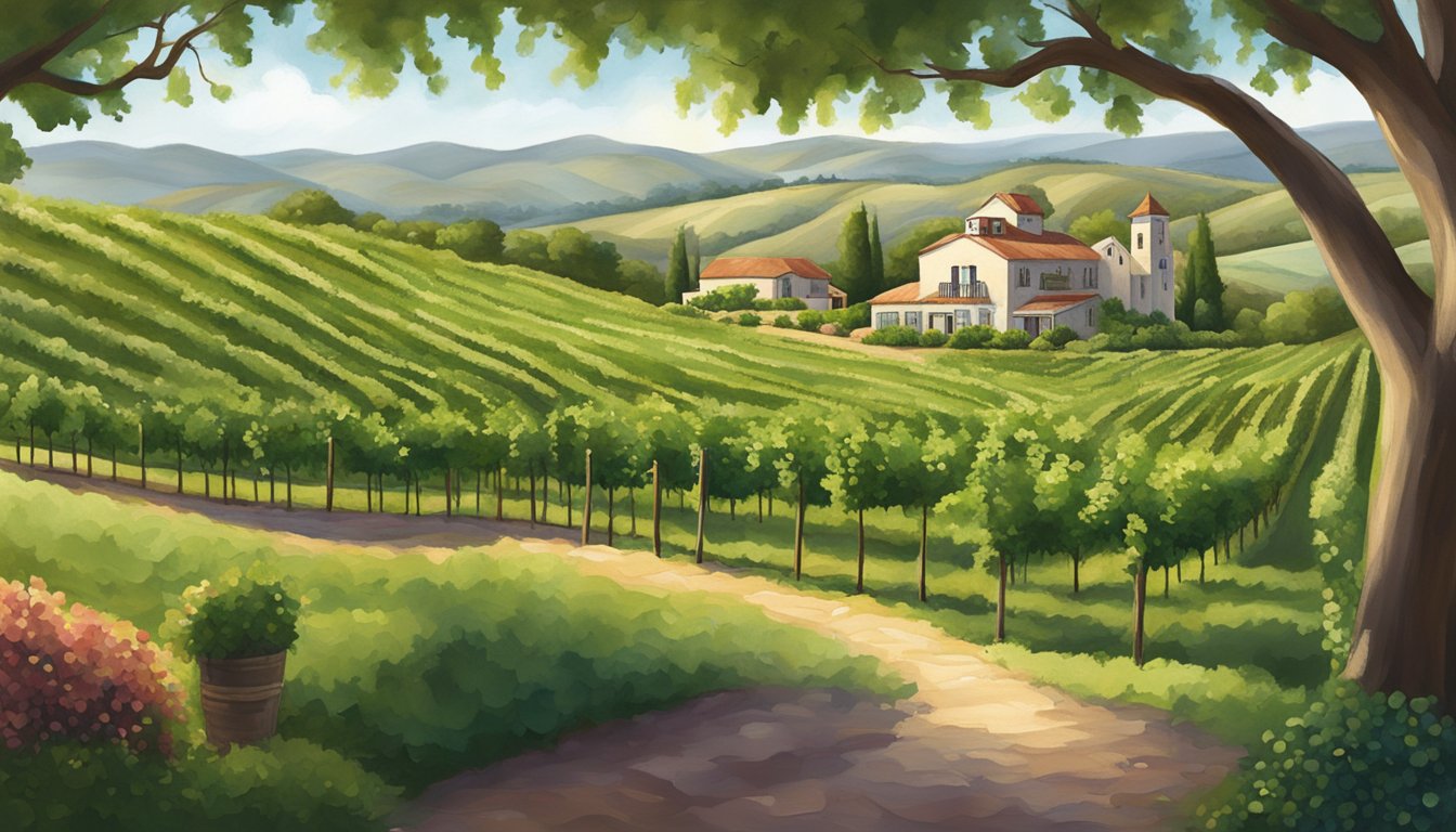 Rolling hills dotted with vineyards, leading to a quaint winery nestled among the lush greenery of the Texas wine country