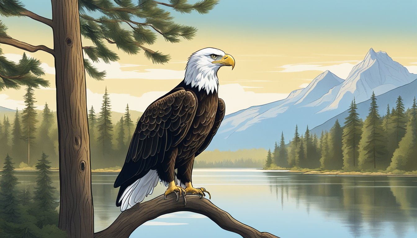 A serene lakeside setting with tall trees and a clear blue sky, where a majestic bald eagle perches on a branch, surveying the water below