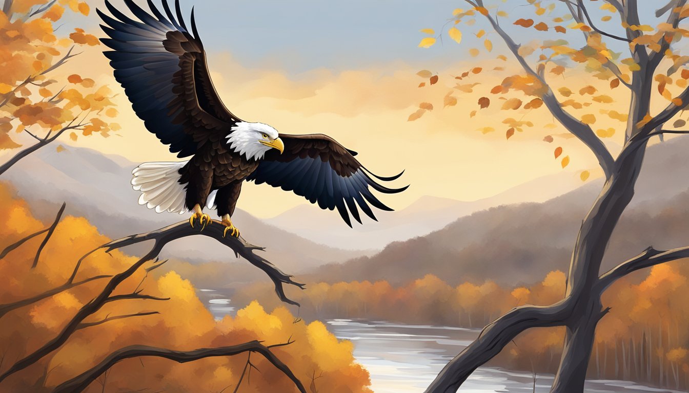 A lone bald eagle perches on a bare branch overlooking a river, surrounded by the golden hues of autumn foliage