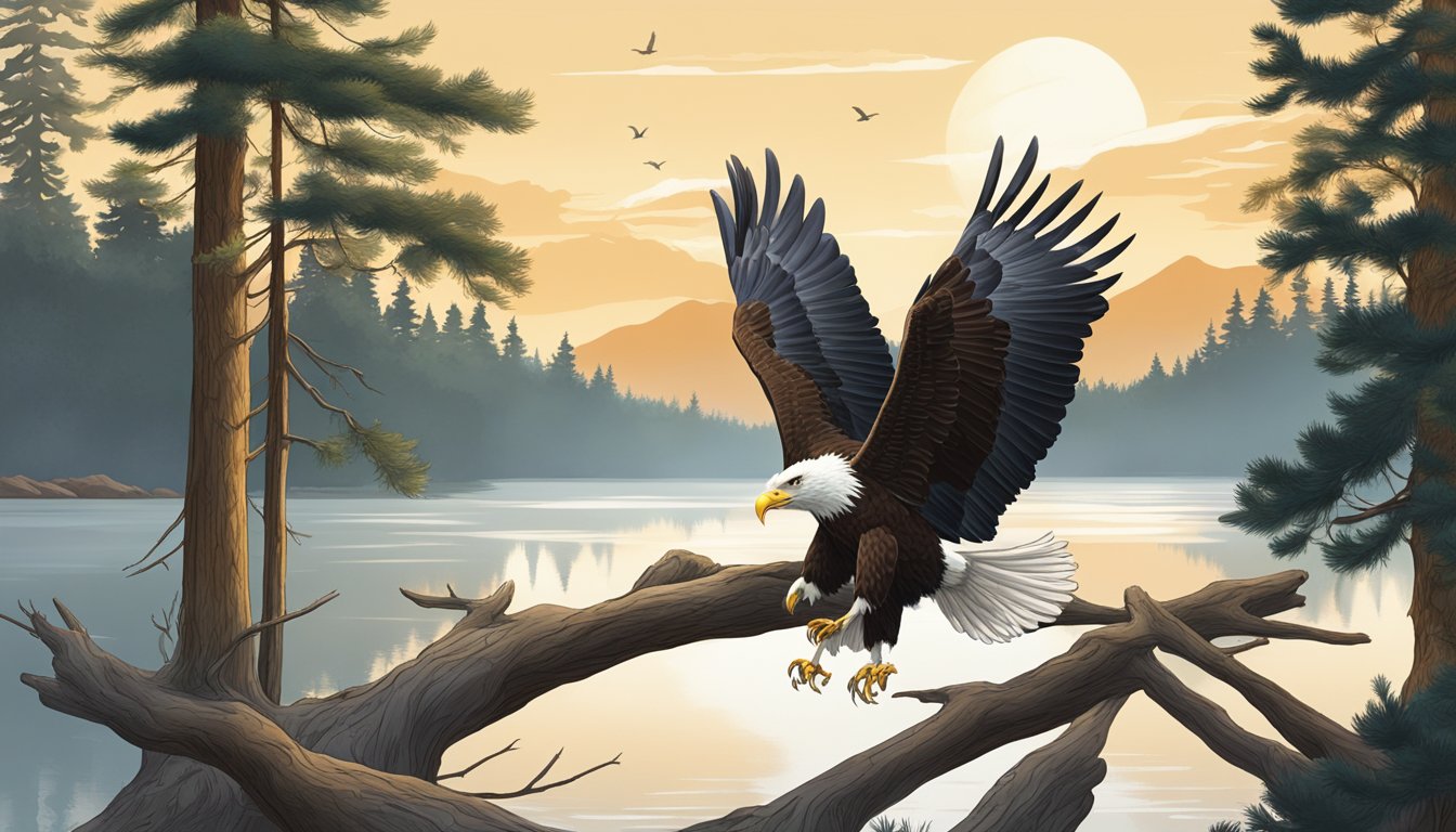 A serene lakeside with tall trees, a clear sky, and a majestic bald eagle perched on a branch, surrounded by other birds