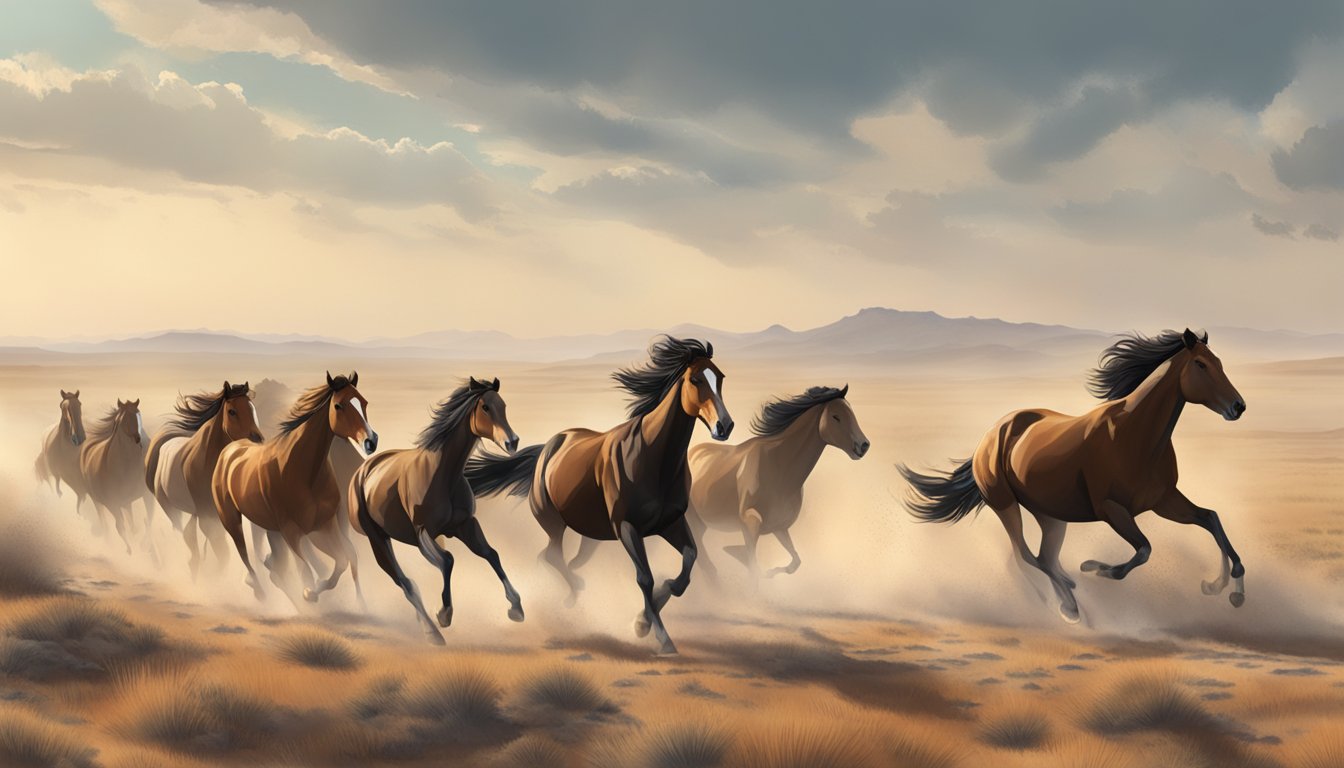 A herd of wild mustangs galloping across the vast Texas plains, disappearing into the rugged landscape