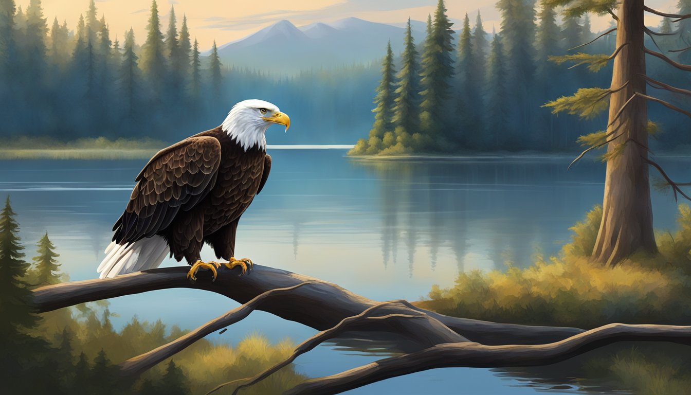 A serene lake surrounded by tall trees, with a majestic bald eagle perched on a branch, scanning the water for prey