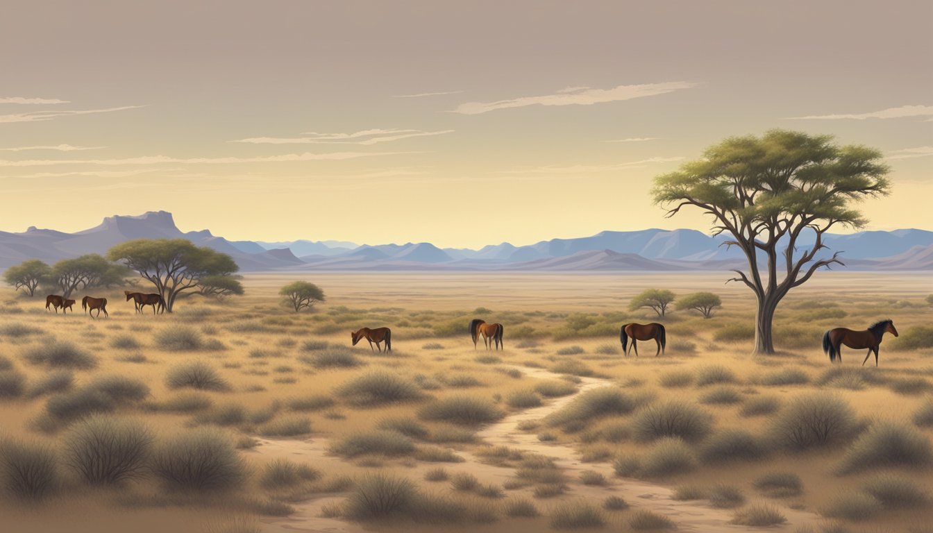 A vast Texas landscape with sparse grass and scattered mesquite trees. A group of wild mustangs are nowhere to be found, leaving behind an empty and desolate habitat