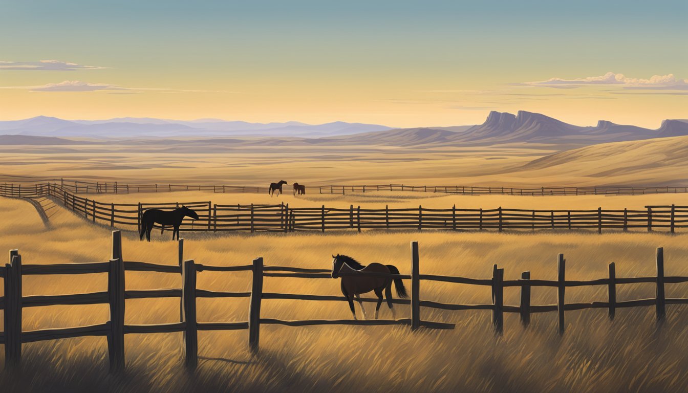 A vast Texas landscape with empty plains and a lone, abandoned horse corral, hinting at the disappearance of the wild mustangs