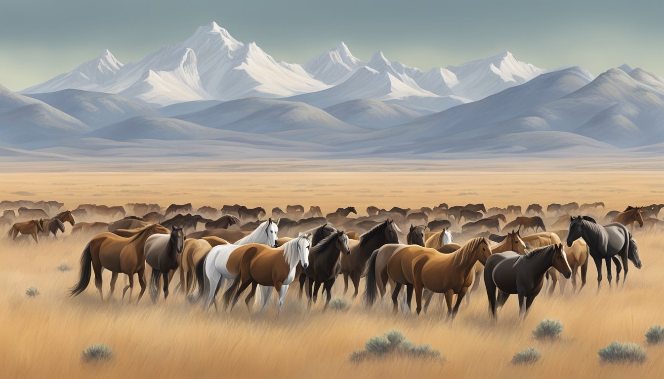 A herd of Texas mustangs grazing in a vast open prairie, with a few scattered trees and a distant mountain range in the background