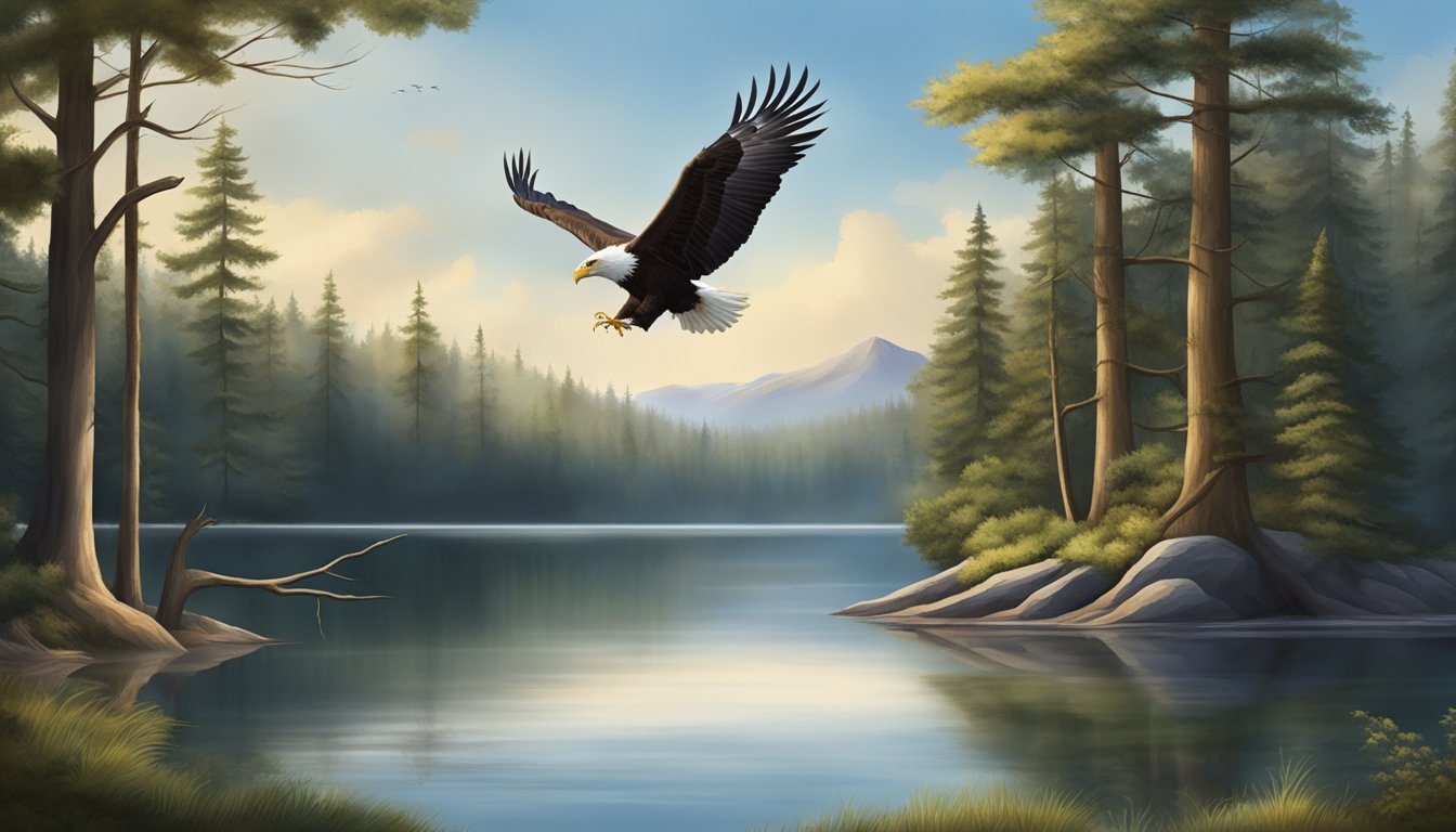 A serene lake surrounded by tall trees, with a majestic bald eagle perched on a branch, overlooking the tranquil waters