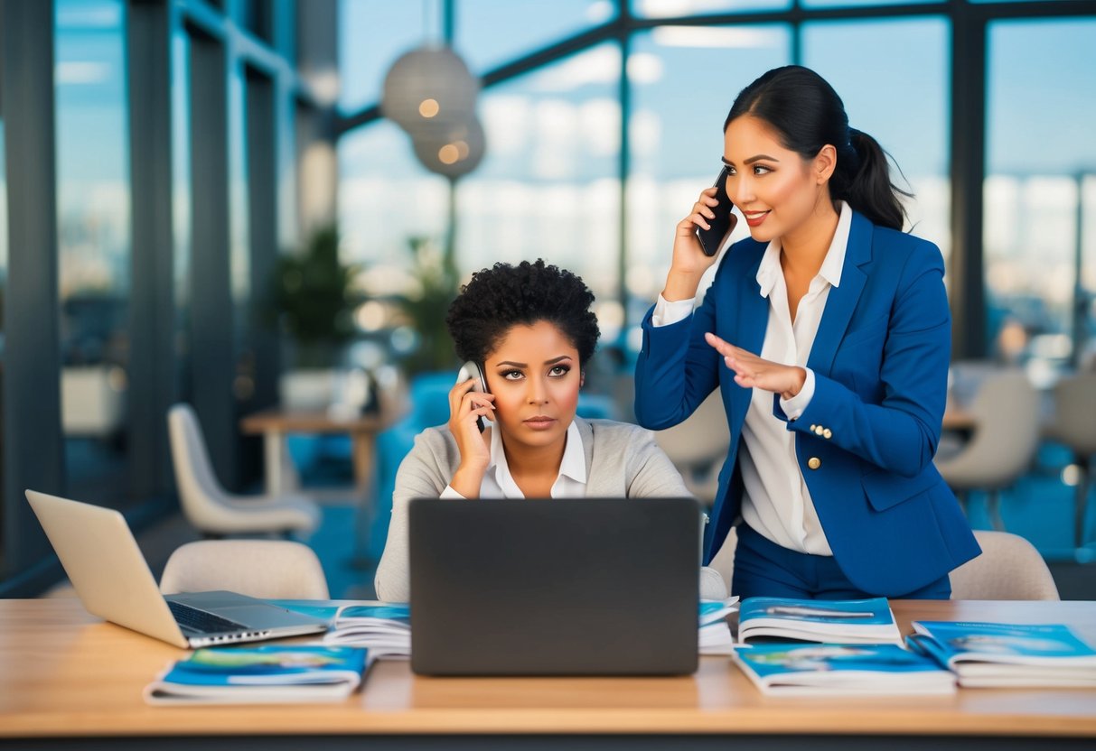 A traveler sitting at a desk, surrounded by brochures and a laptop, with a travel agent on the phone. The traveler looks confused while the agent gestures confidently