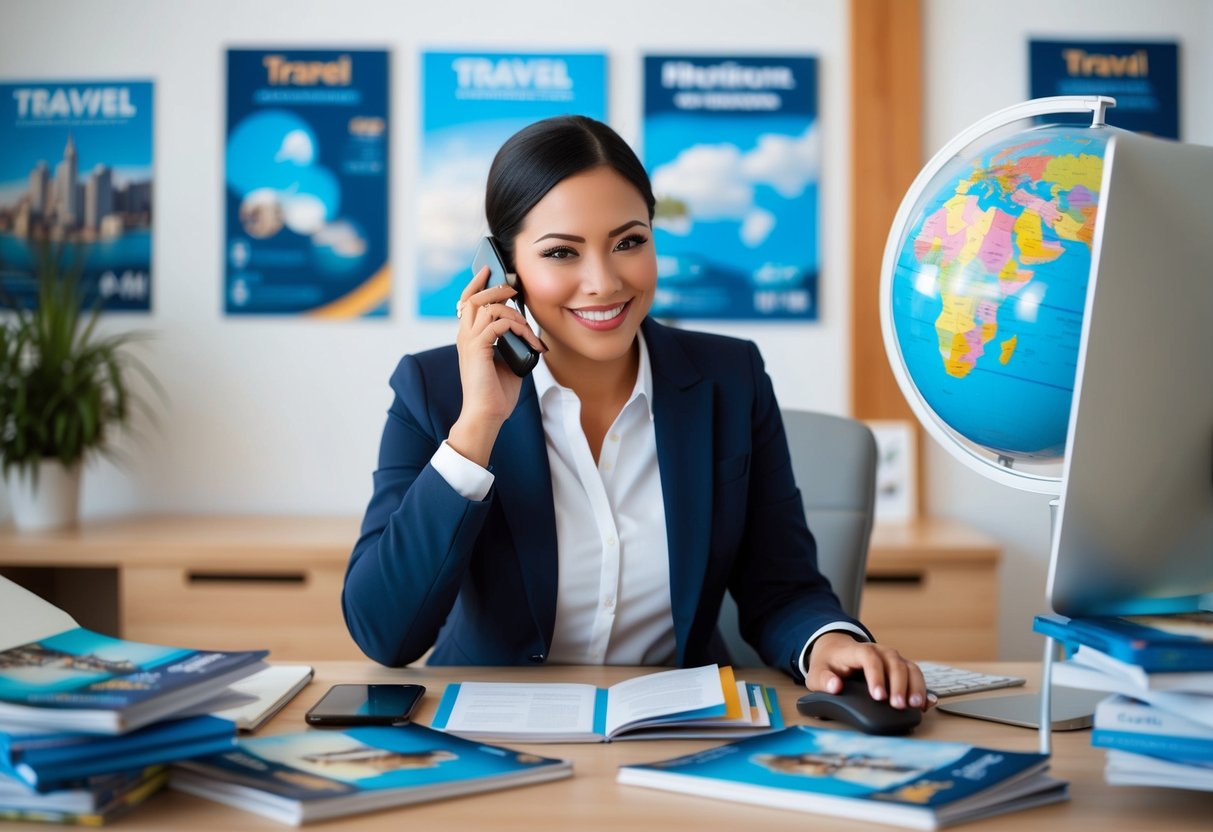 A travel agent sits at a desk surrounded by brochures and a computer. They smile while speaking on the phone, with a globe and travel posters in the background