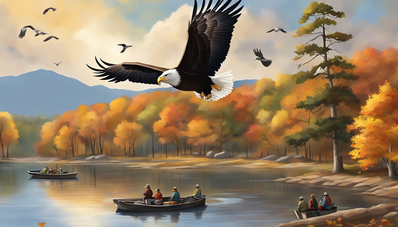 Bald eagles soar over a Texas lake surrounded by autumn foliage, while bird enthusiasts gather for a community event