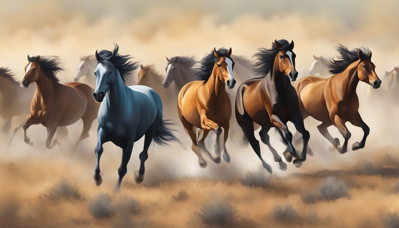 A herd of wild mustangs galloping across the vast Texas plains, with a sense of freedom and mystery in the air