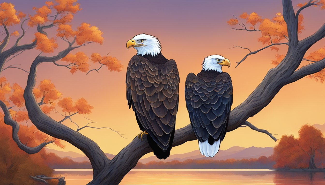 A pair of Texas bald eagles perched on a leafless tree overlooking a serene lake, surrounded by the orange and red hues of fall foliage