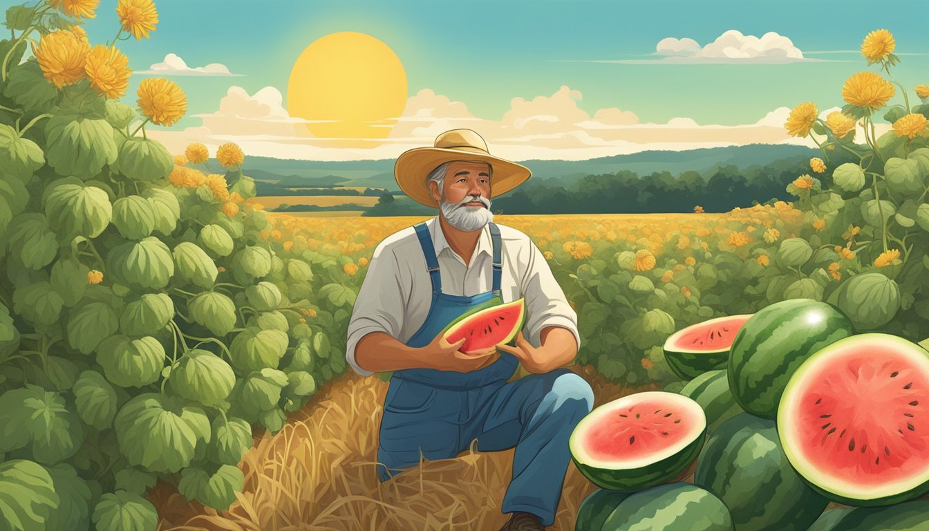 A farmer inspecting a ripe watermelon in a sun-drenched field. Bees buzz around nearby flowers, and a clear blue sky stretches overhead