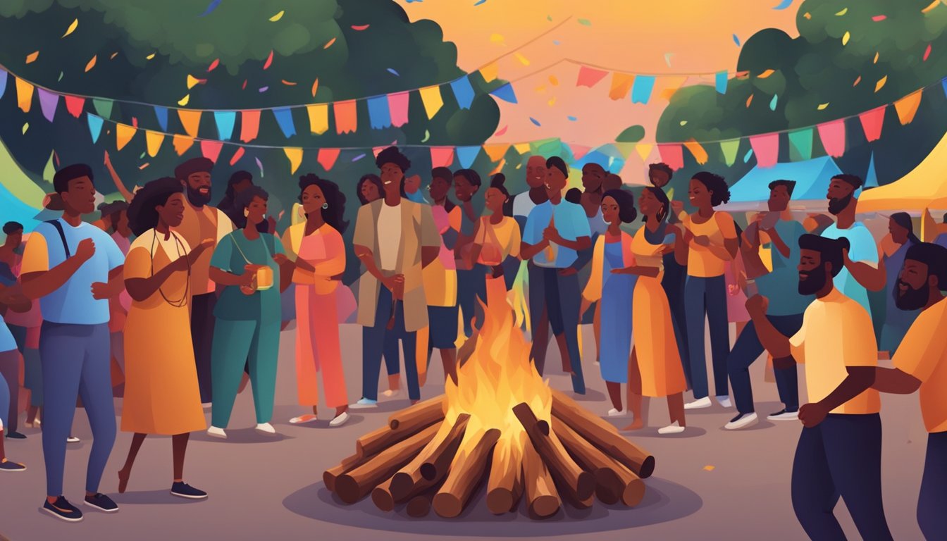 A group of people celebrating Juneteenth with a large bonfire, colorful decorations, and traditional music playing in the background