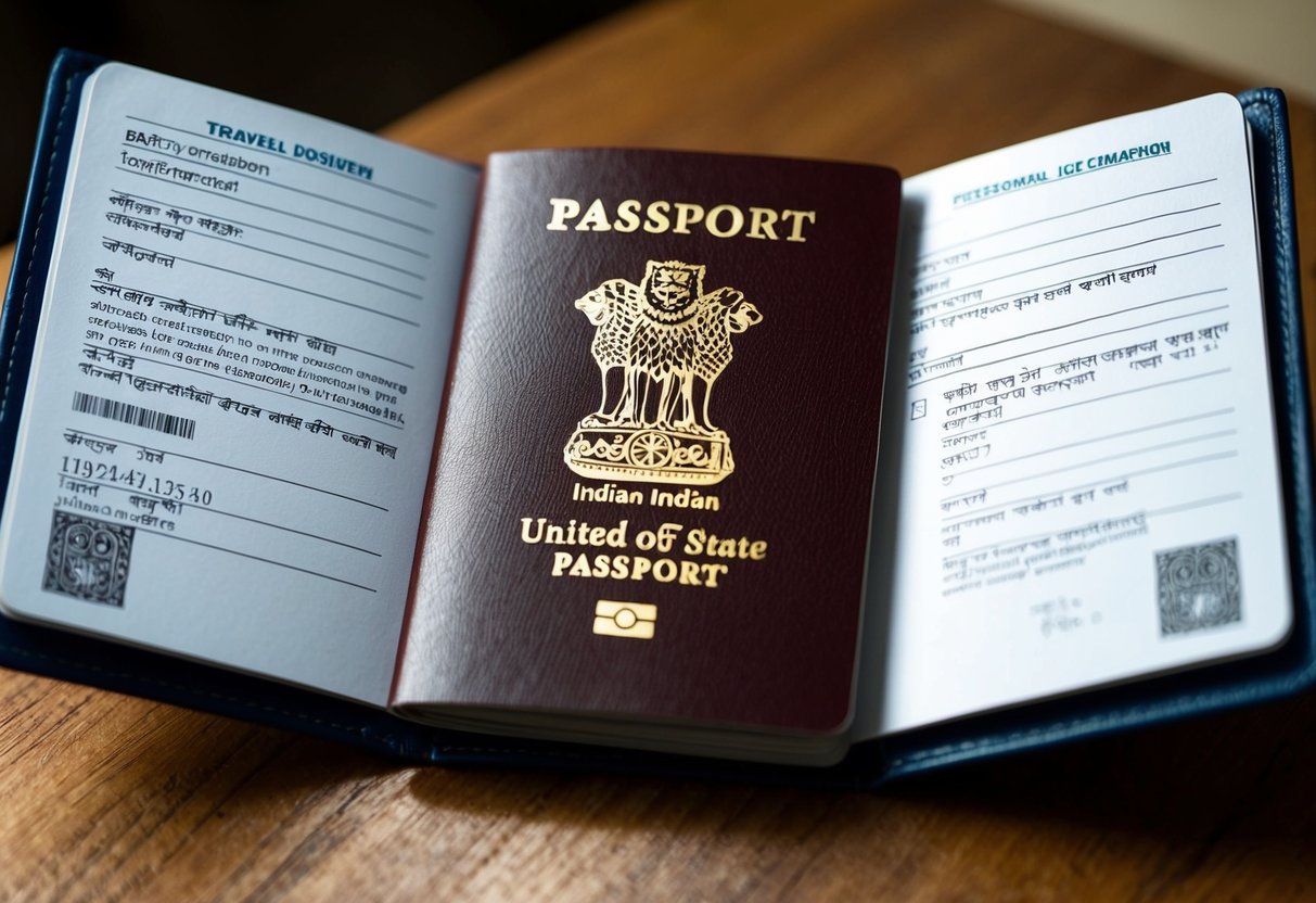 The Indian passport is open to the page showing the traveler's personal information, with the travel document number clearly visible