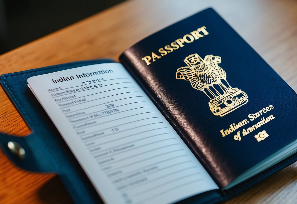 An open Indian passport with the travel document number visible on the information page