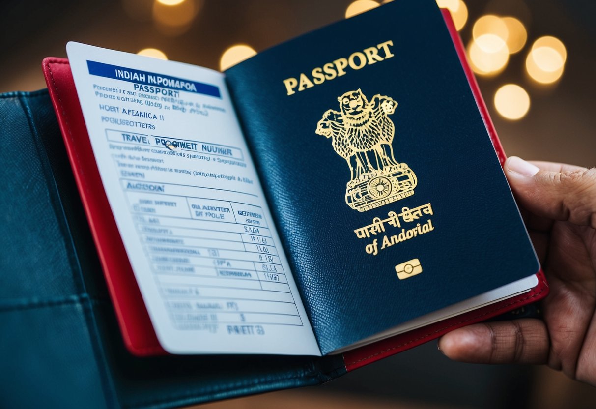 An open Indian passport with the travel document number displayed on the information page