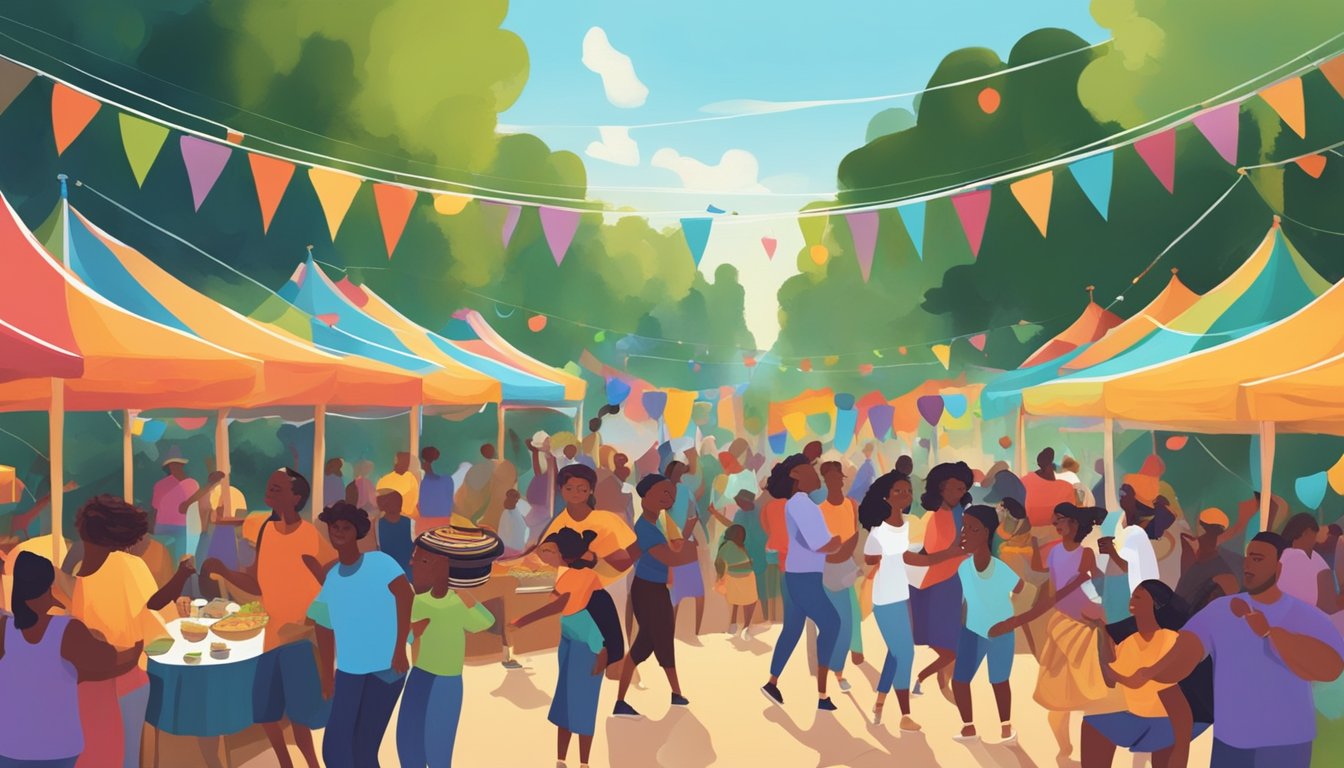 A vibrant outdoor festival with colorful decorations, live music, and people dancing and enjoying traditional Juneteenth foods