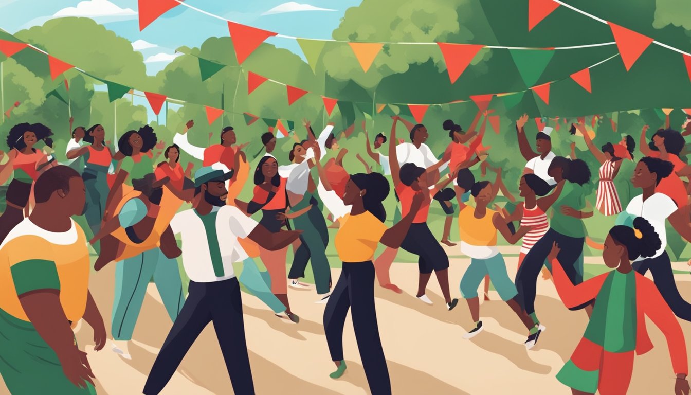 A diverse group of people celebrating Juneteenth with music, food, and dancing in a park decorated with red, black, and green flags