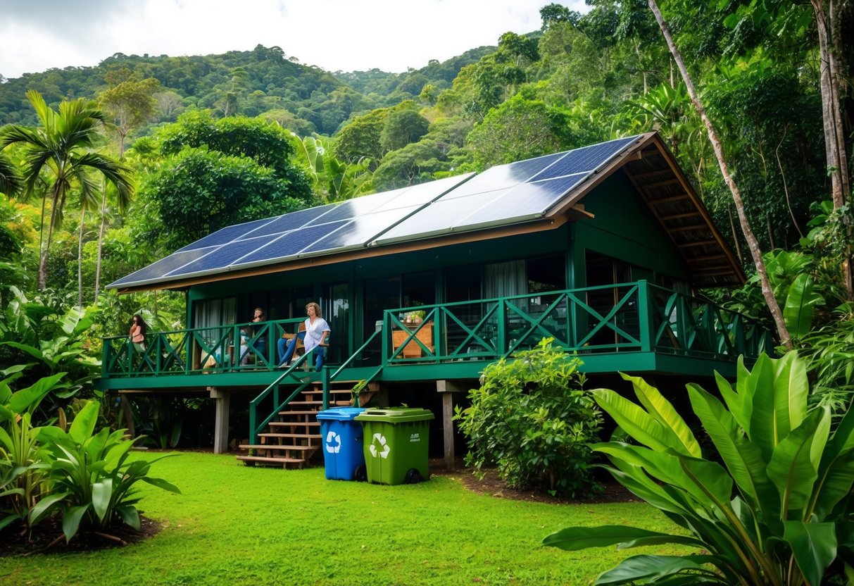 A lush, green eco-lodge nestled in a tropical rainforest, with solar panels and recycling bins visible. Guests engage in guided nature walks and wildlife conservation activities