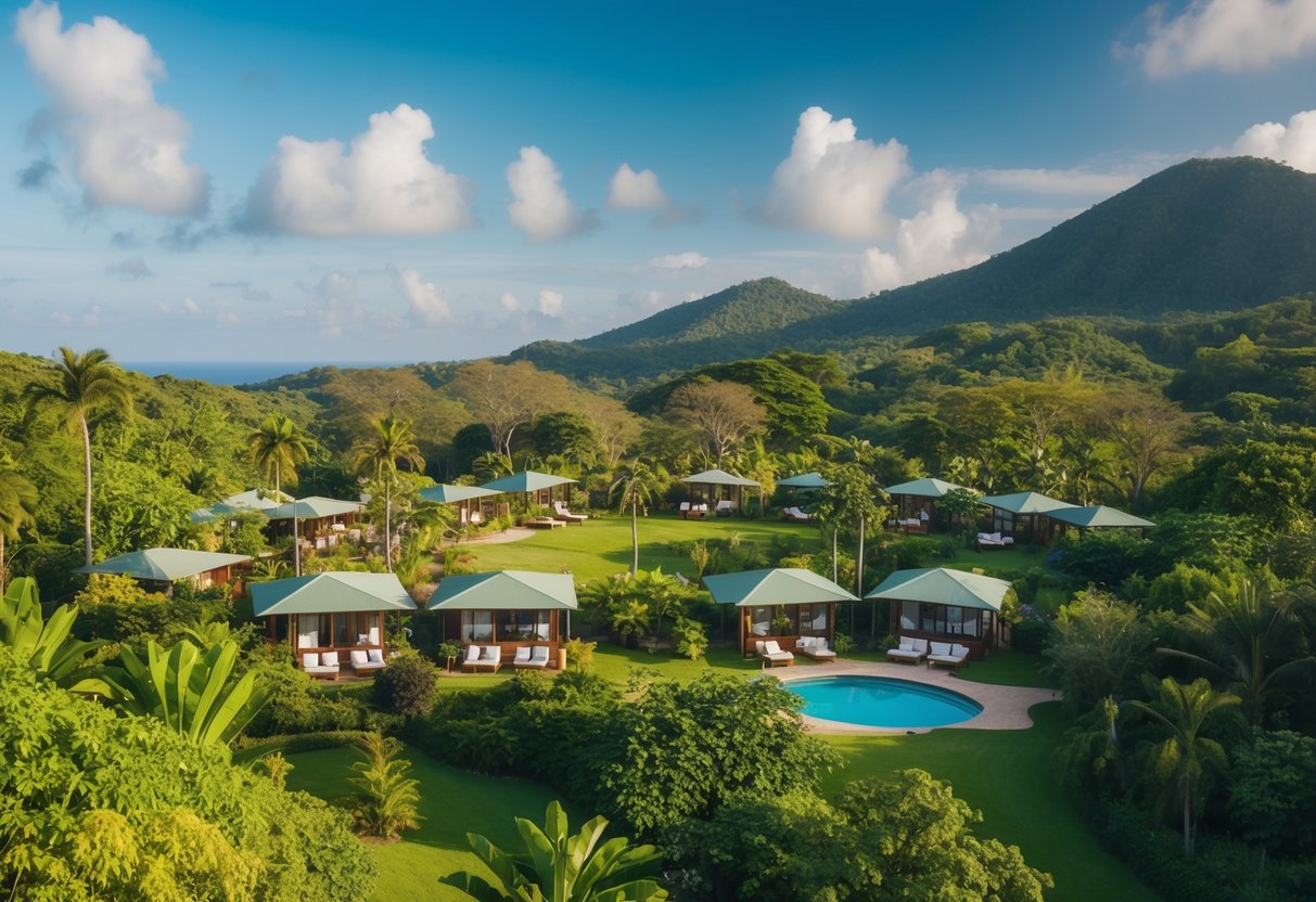 A lush, biodiverse landscape with eco-friendly accommodations and local cultural experiences