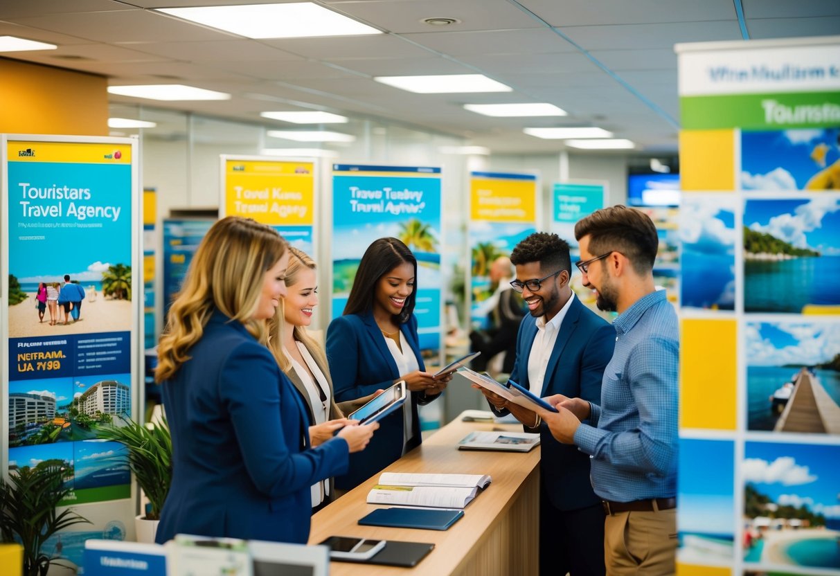 A bustling travel agency with tourists booking vacations, surrounded by vibrant tourism posters and brochures