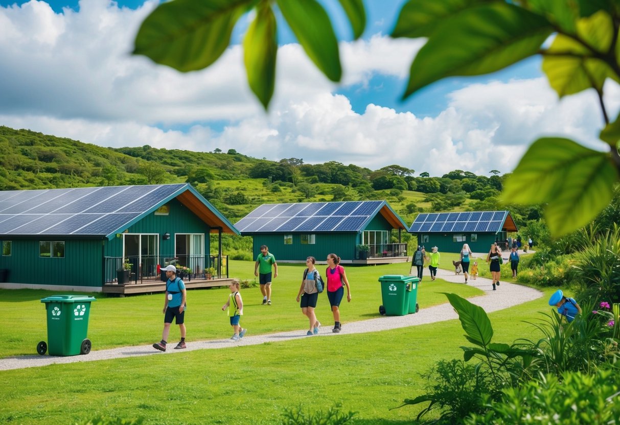 A lush, green landscape with eco-friendly lodges, solar panels, and recycling bins. Visitors are seen participating in nature-based activities like hiking and wildlife observation