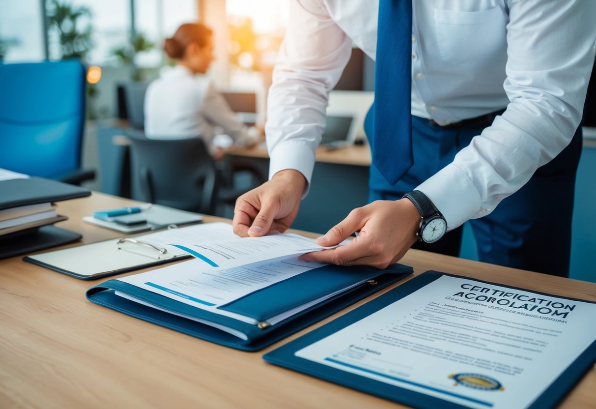 A traveler examining a travel agency's official certification and accreditation documents at the agency's office