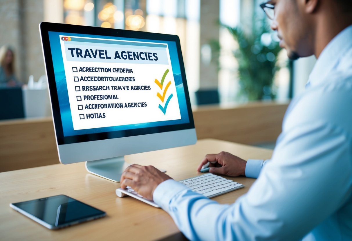 A person using a computer to research travel agencies, with a checklist of accreditation criteria visible on the screen