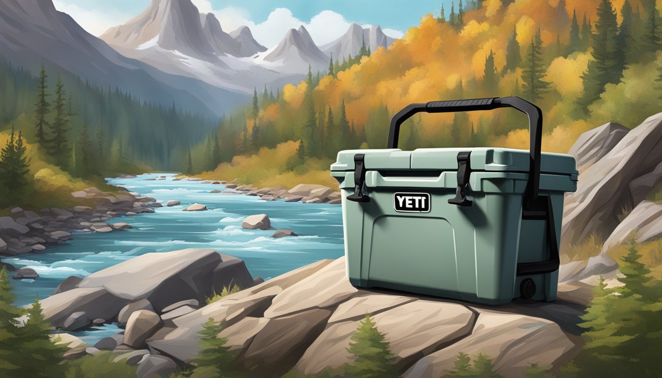 A rugged Yeti cooler sits atop a rocky mountain, surrounded by pristine wilderness and a flowing river