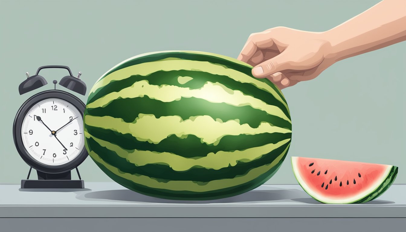 A hand pressing on a watermelon, checking firmness and weight