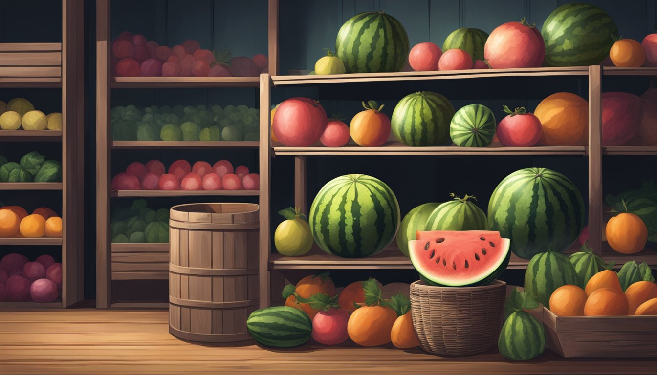 A ripe watermelon sits on a wooden table in a cool, dimly lit storage room with shelves of other produce in the background