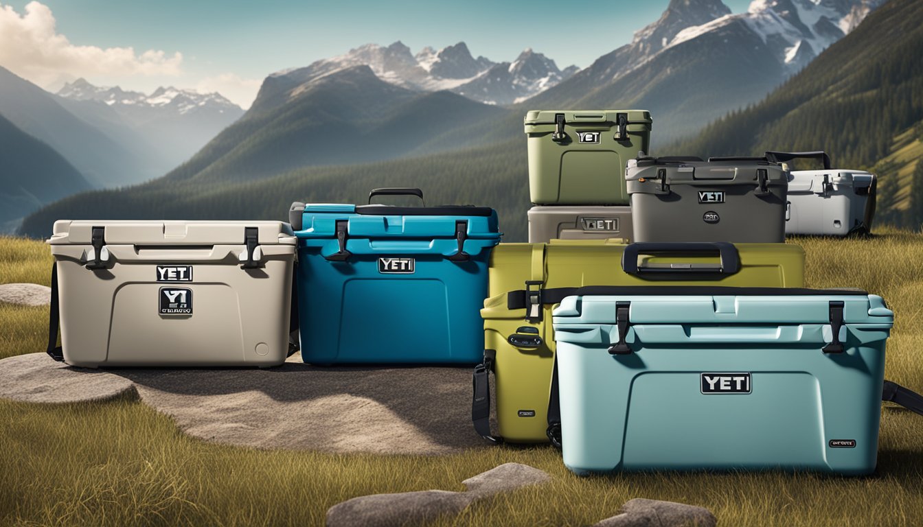 A variety of Yeti coolers displayed in an outdoor setting with mountains in the background