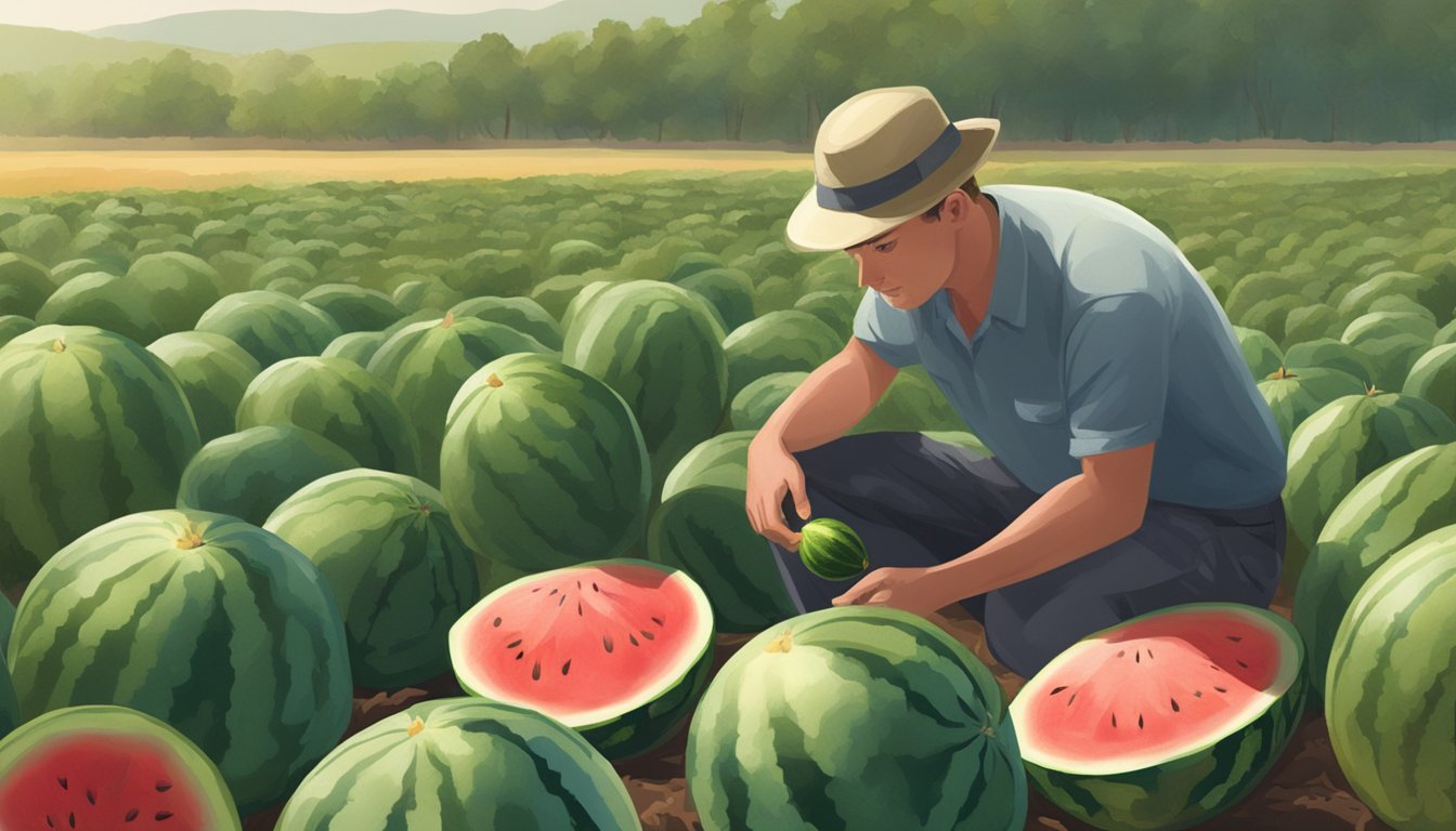 A person inspects a watermelon in a field, tapping and listening for a hollow sound