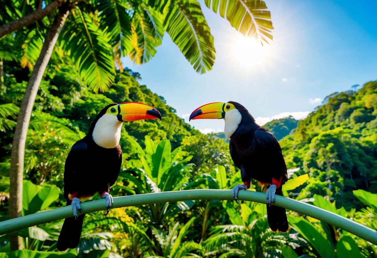 Lush green rainforest with colorful toucans and monkeys, under a bright sun and clear blue sky