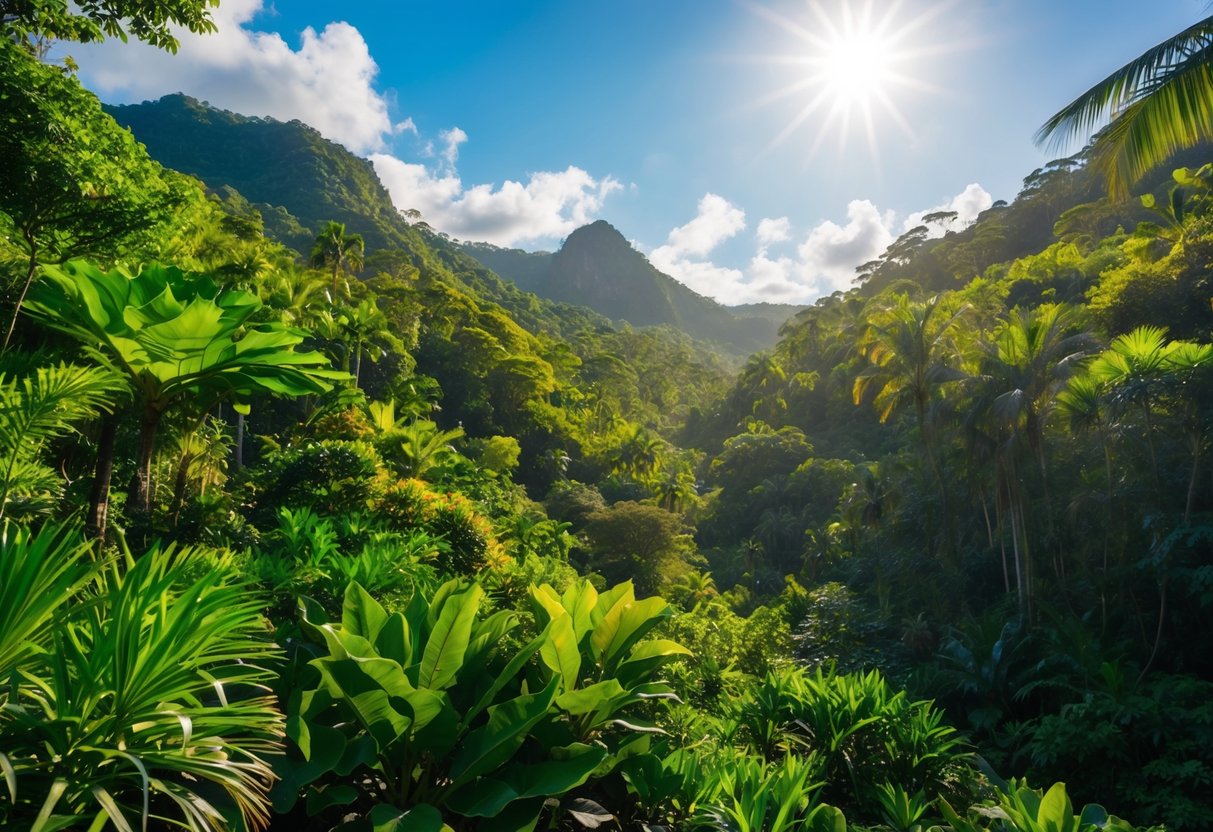 Lush rainforest with vibrant flora, clear blue skies, and a shining sun. A gentle breeze sweeps through the landscape, creating a perfect climate for outdoor adventures