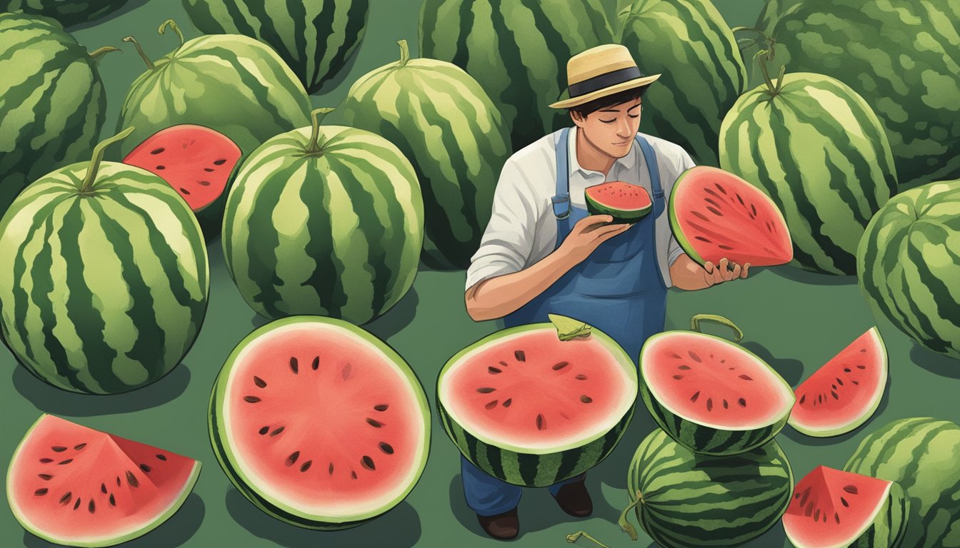 A person hefts watermelons, tapping and listening for a hollow sound