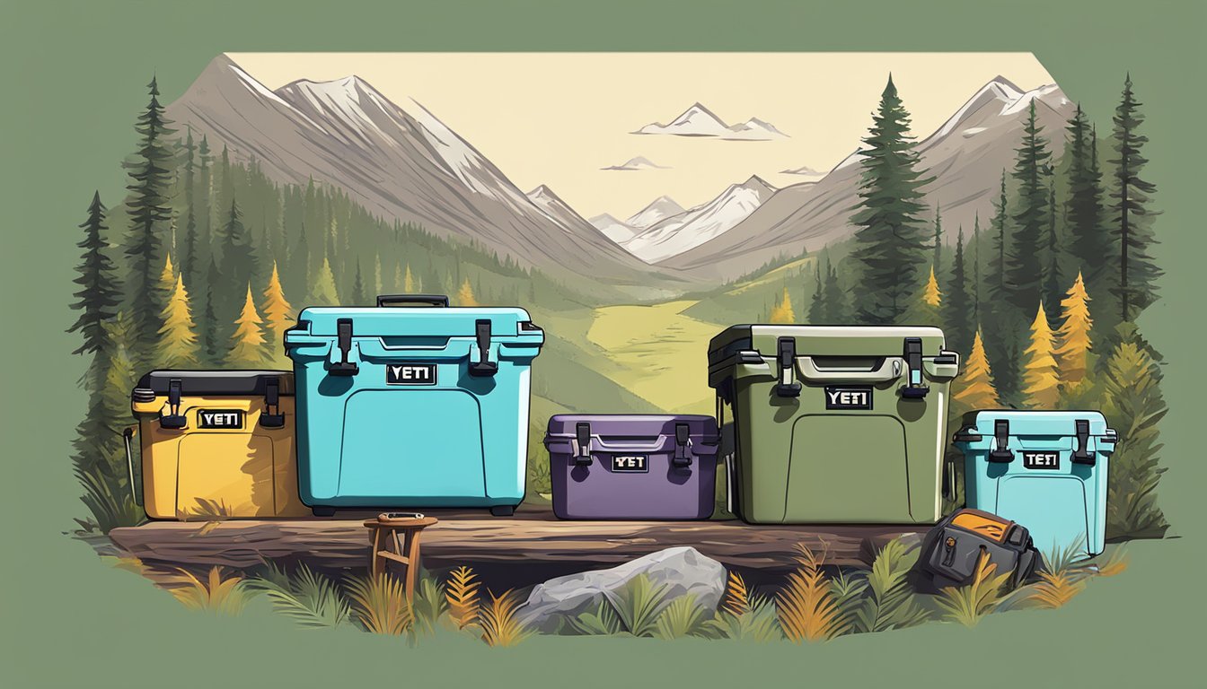 A display of colorful yeti coolers arranged in a trendy outdoor setting, surrounded by nature and outdoor adventure gear