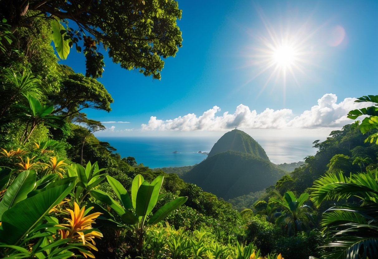 Lush rainforest with vibrant flora and fauna, under a bright, sunny sky in Costa Rica