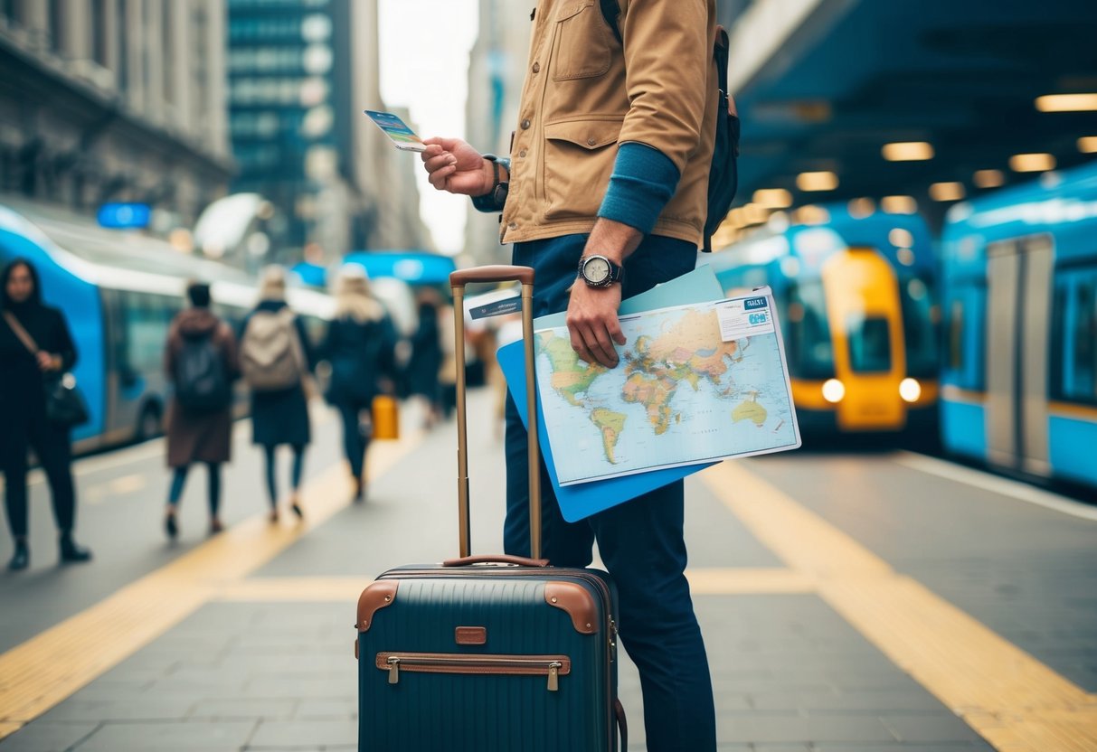 A traveler with a suitcase and map, surrounded by iconic landmarks and transportation options, with a credit card in hand