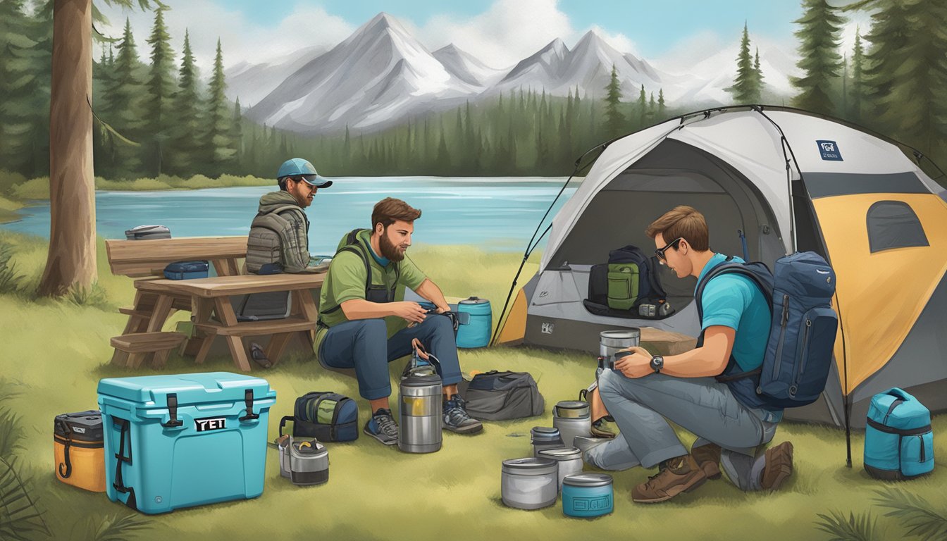 A customer service representative assists a customer with their Yeti cooler, surrounded by various outdoor adventure equipment