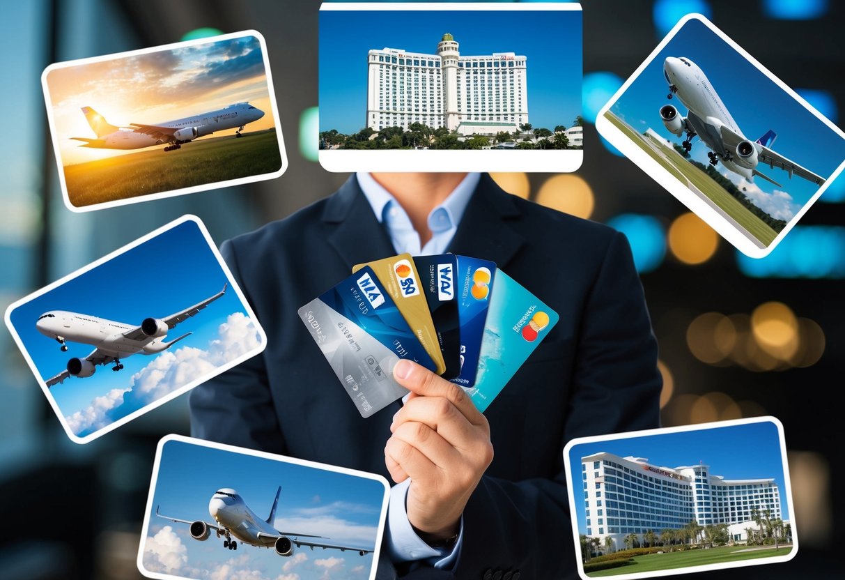 A traveler holding multiple credit cards, surrounded by images of airplanes, hotels, and cashback rewards